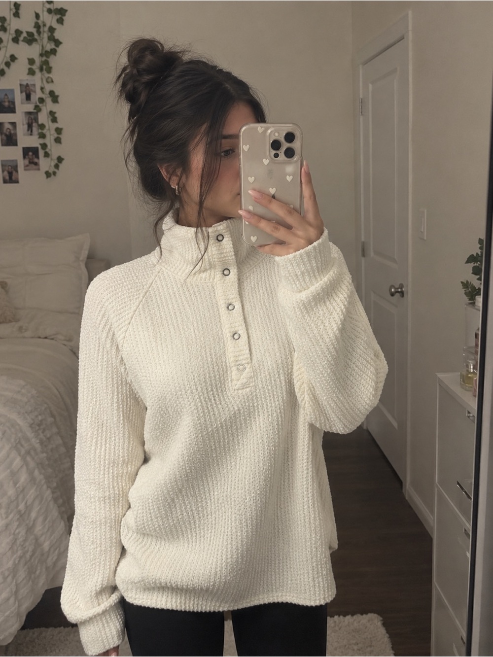 Cream Button-Front Waffle Knit Turtleneck Sweater